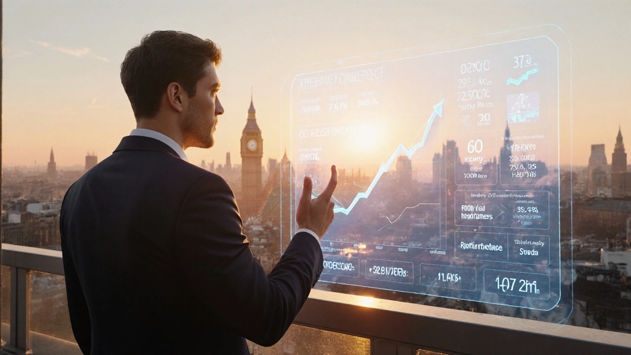Affiliate marketer on rooftop reviewing glowing conversion metrics and AI suggestions against London sunrise.