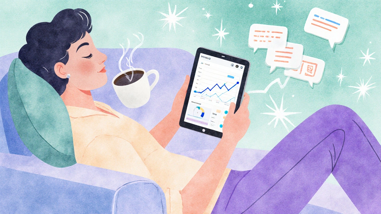 Content creator relaxed while viewing AI‑enhanced Instagram analytics on a tablet.