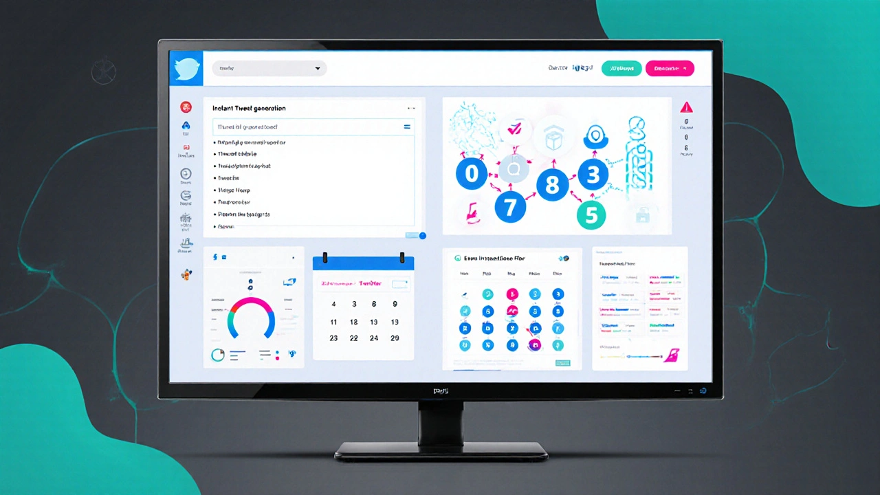 Dashboard UI illustration highlighting tweet generation, thread builder, scheduler, and compliance filter.