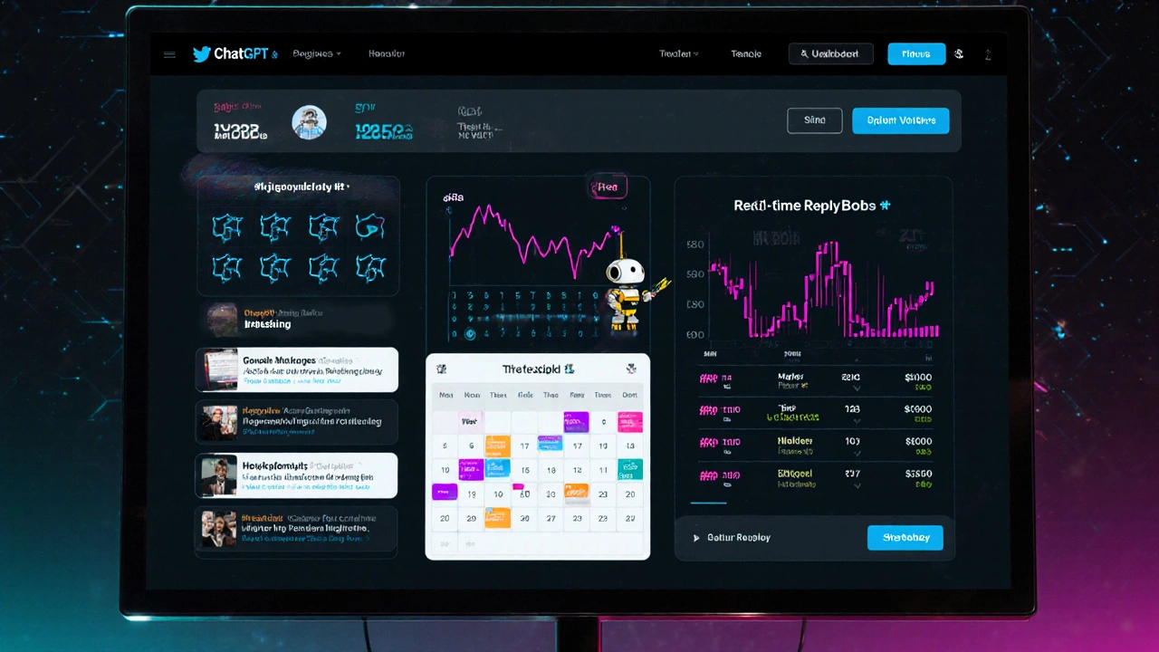 Dashboard view showing tweet drafts, calendar, and hashtag trends.