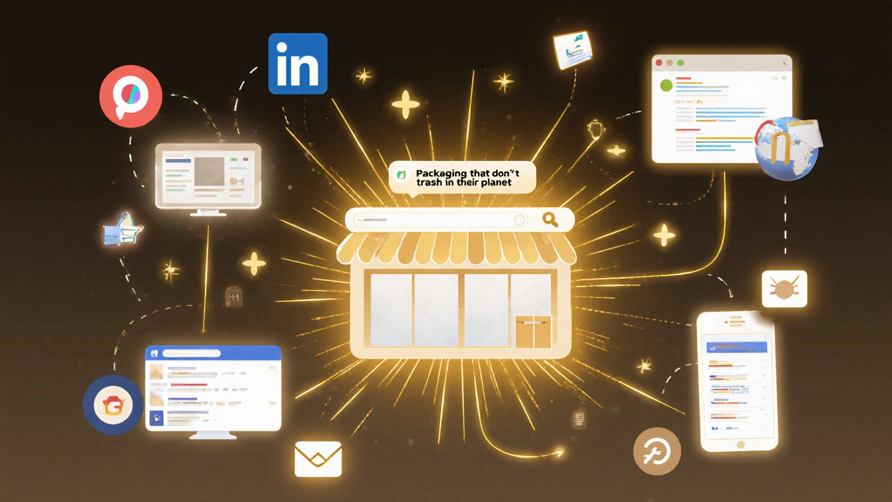 Digital network connecting social platforms to a storefront with clear marketing message