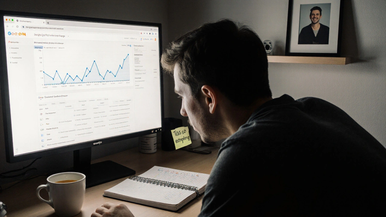 Entrepreneur analyzing Google Analytics graph with UTM notes in home office