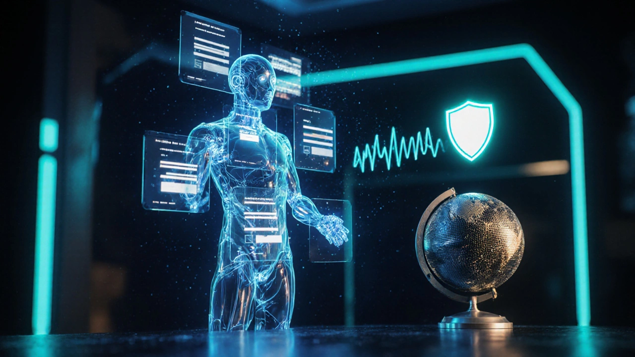 Futuristic command center showing AI creator, voice wave, and privacy shield over a data globe.