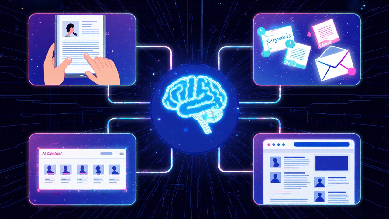 Illustrated circular flow showing AI creating product reviews, keywords, ad copy, emails, landing pages, and social posts.