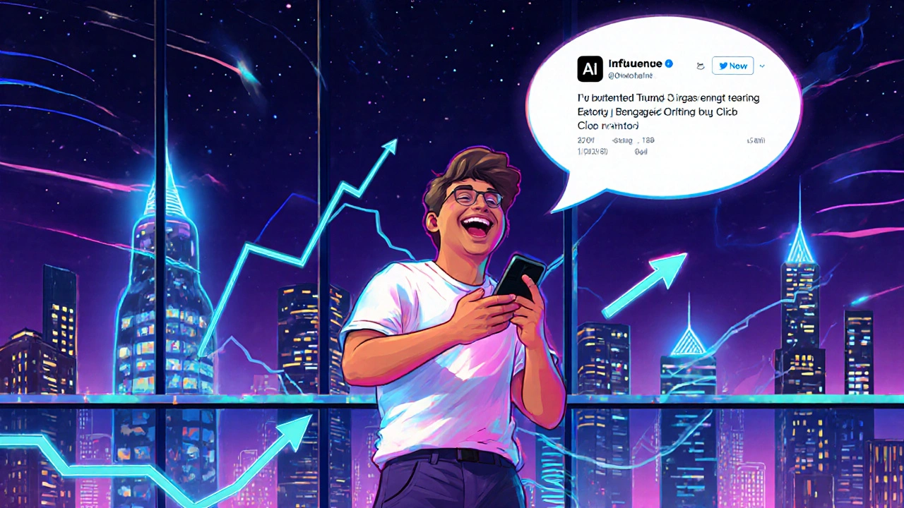 Influencer on rooftop laughing while an AI-generated tweet appears, with rising engagement icons.