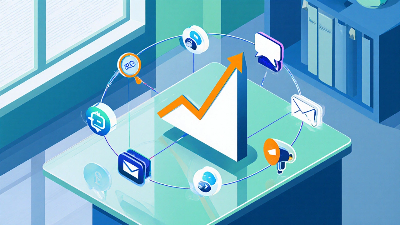Isometric office scene with channel icons circling an upward growth chart.