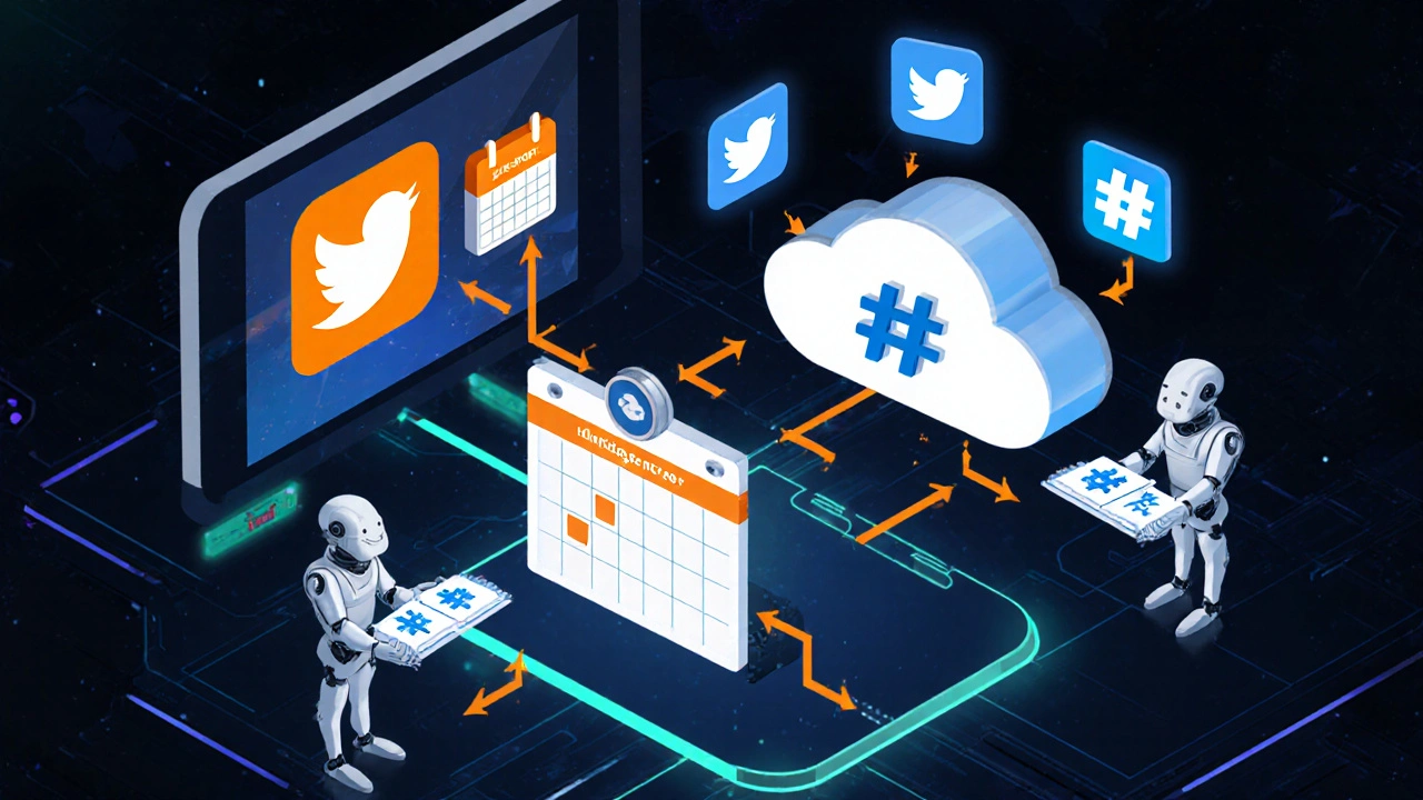 Isometric view of an automated Twitter workflow with API, scheduler, and hashtags.