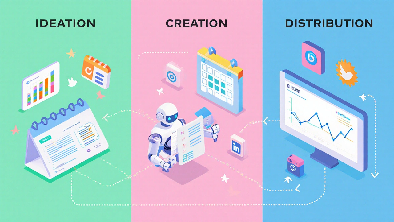 Isometric workflow board showing ideas turning into AI‑written posts, scheduled on a calendar, then analytics.