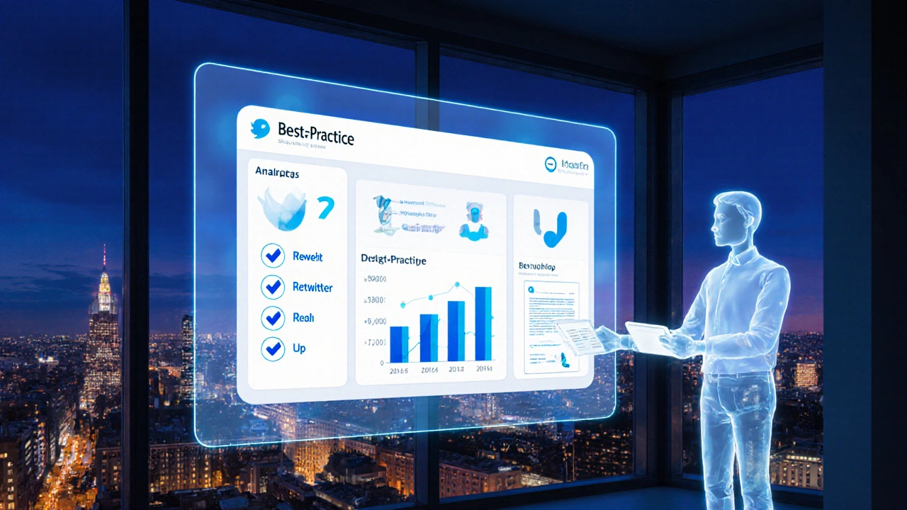 Marketer analyzing holographic analytics with AI assistant beside them.