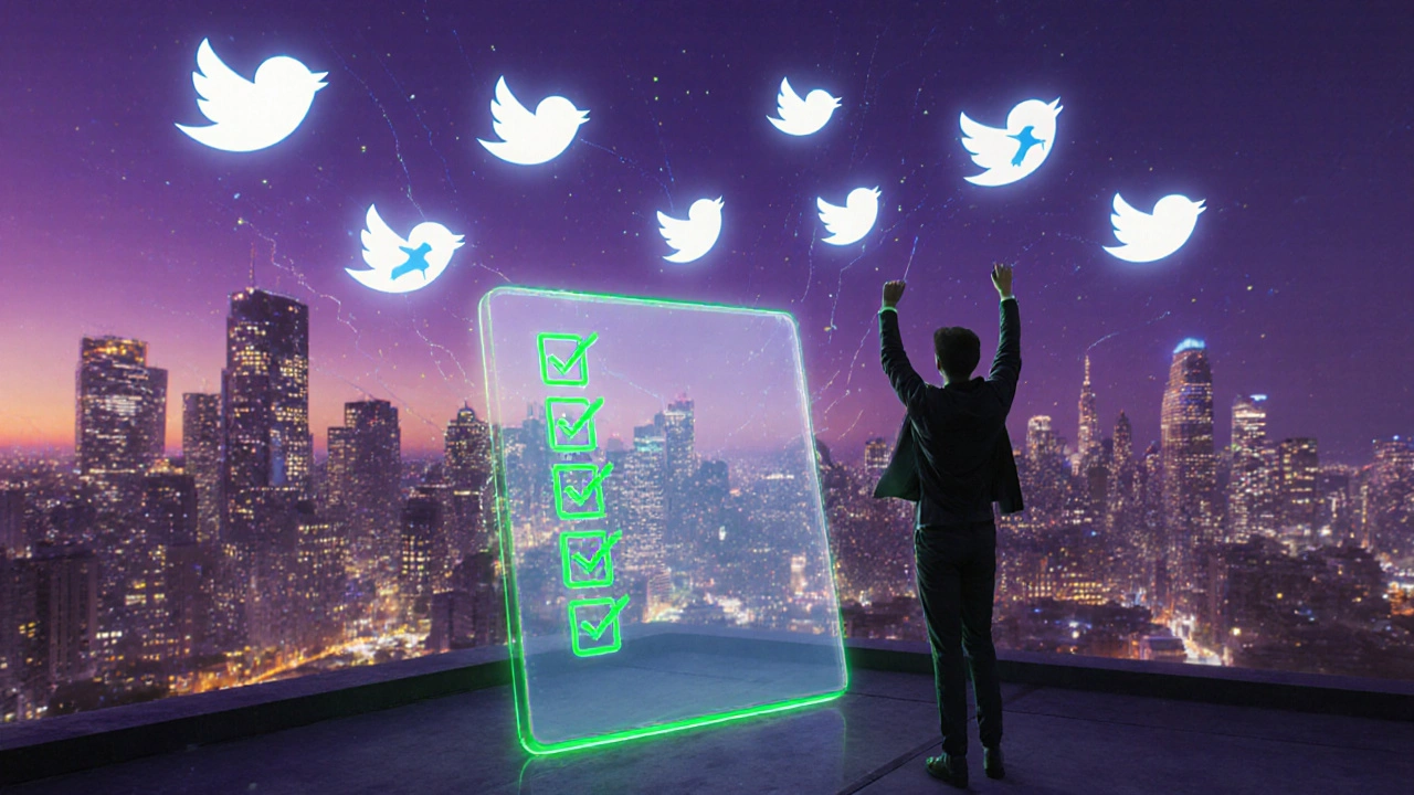 Marketer on a rooftop celebrating a completed AI Twitter checklist with glowing tweet bubbles.