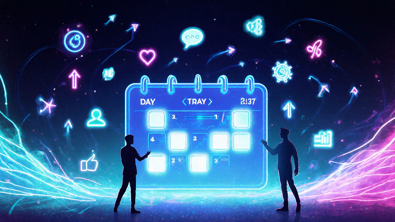 Neon‑styled calendar with rising engagement icons and subtle influencer silhouette representing a 7‑day AI sprint.