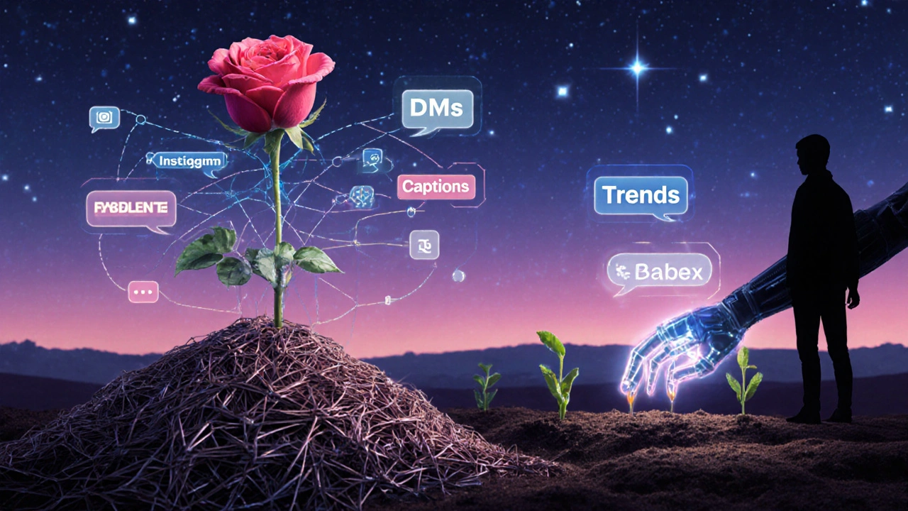 A rose growing from comment threads, guided by an AI hand planting engagement seeds.