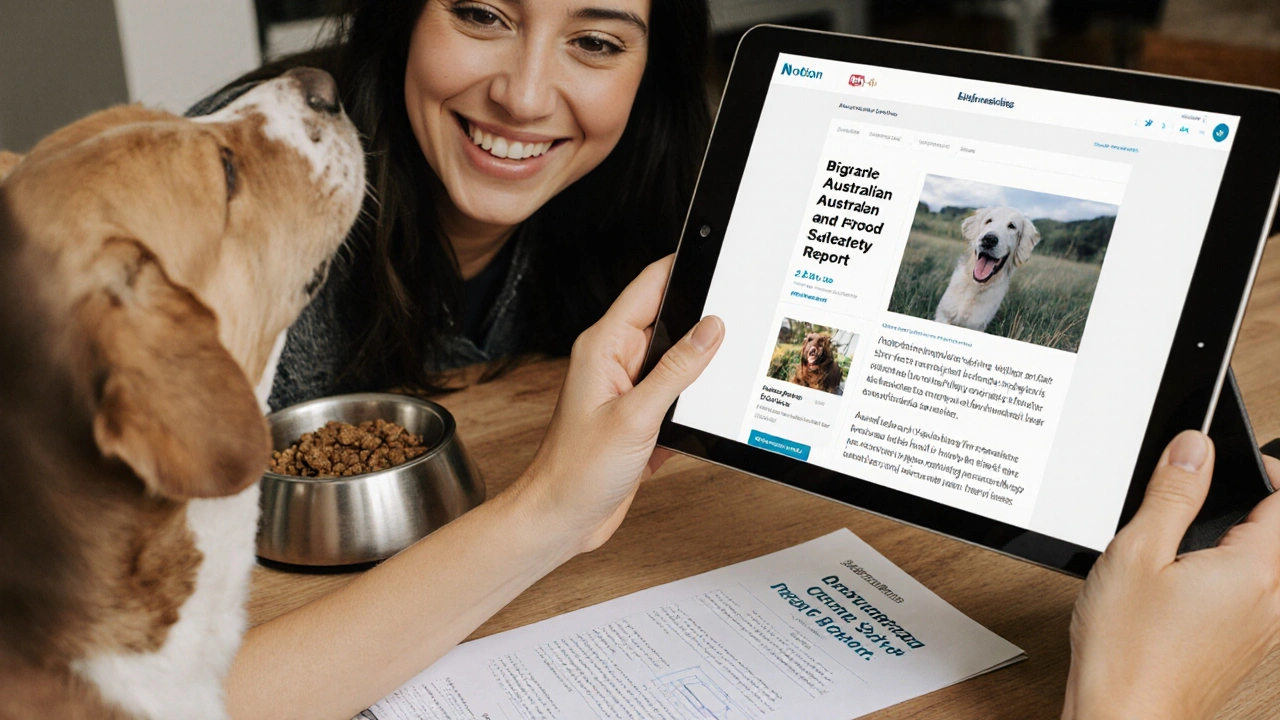 Business owner reviewing a successful blog post about pet food with her dog.