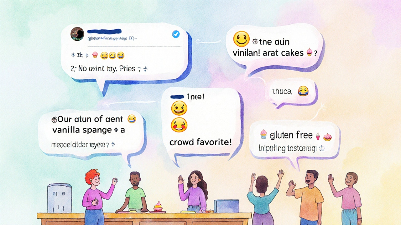 Colorful Facebook comment bubbles transforming into friendly replies above a bakery counter with happy customers.