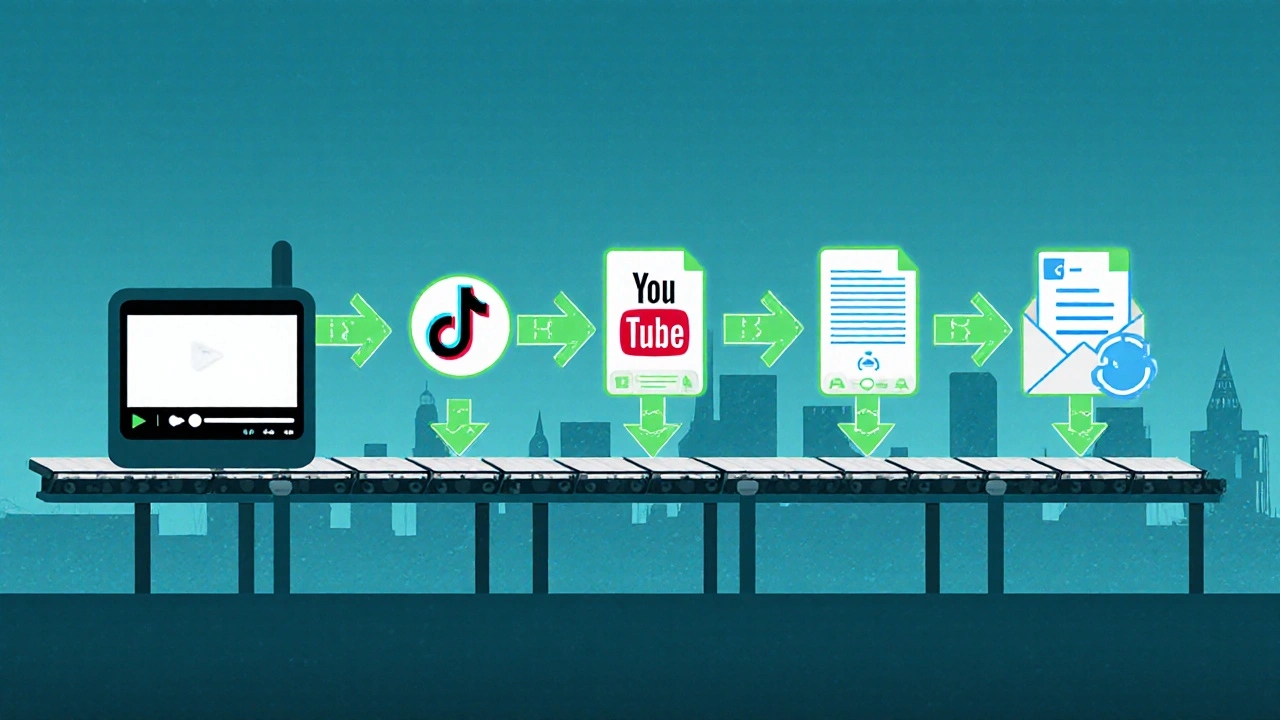 Factory conveyor belt turning one product review into multiple social media content formats.