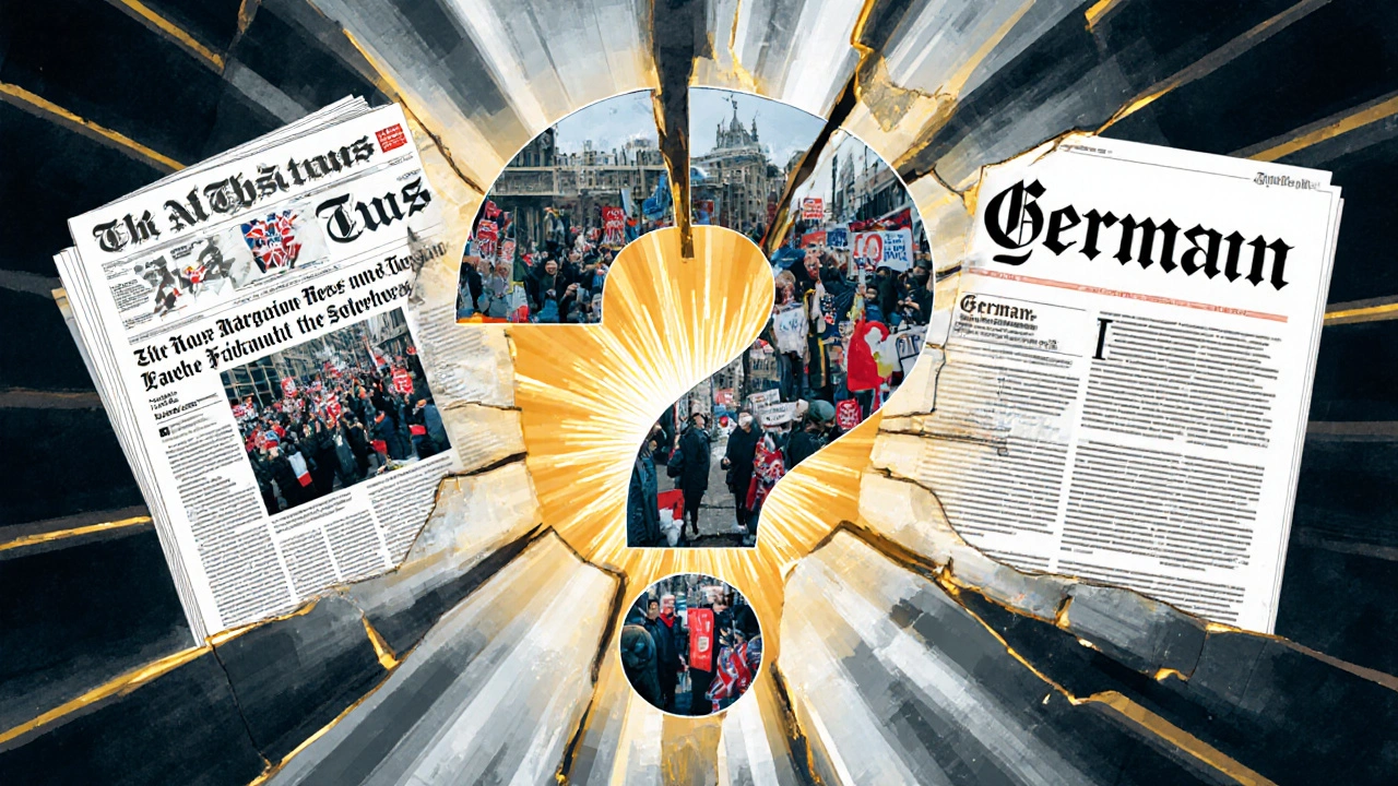 Fractured mirror reflecting three different news outlets covering the same event