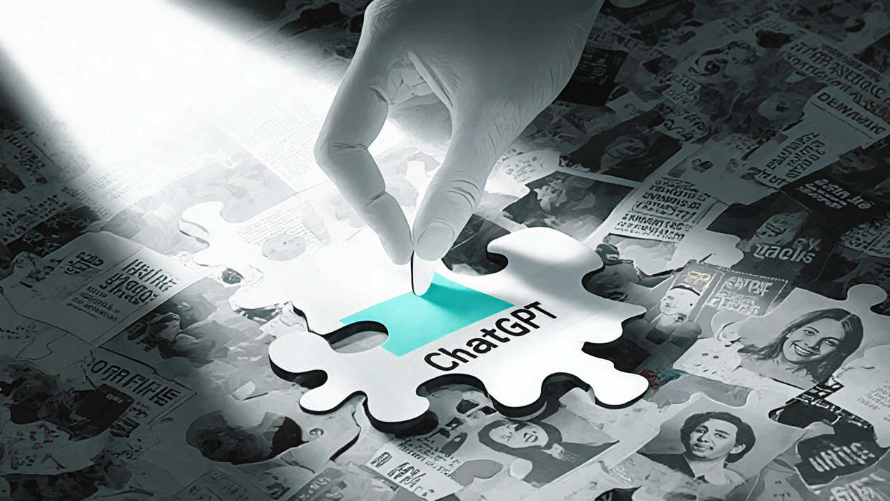 Hand placing a puzzle piece labeled ChatGPT into a mosaic of misinformation