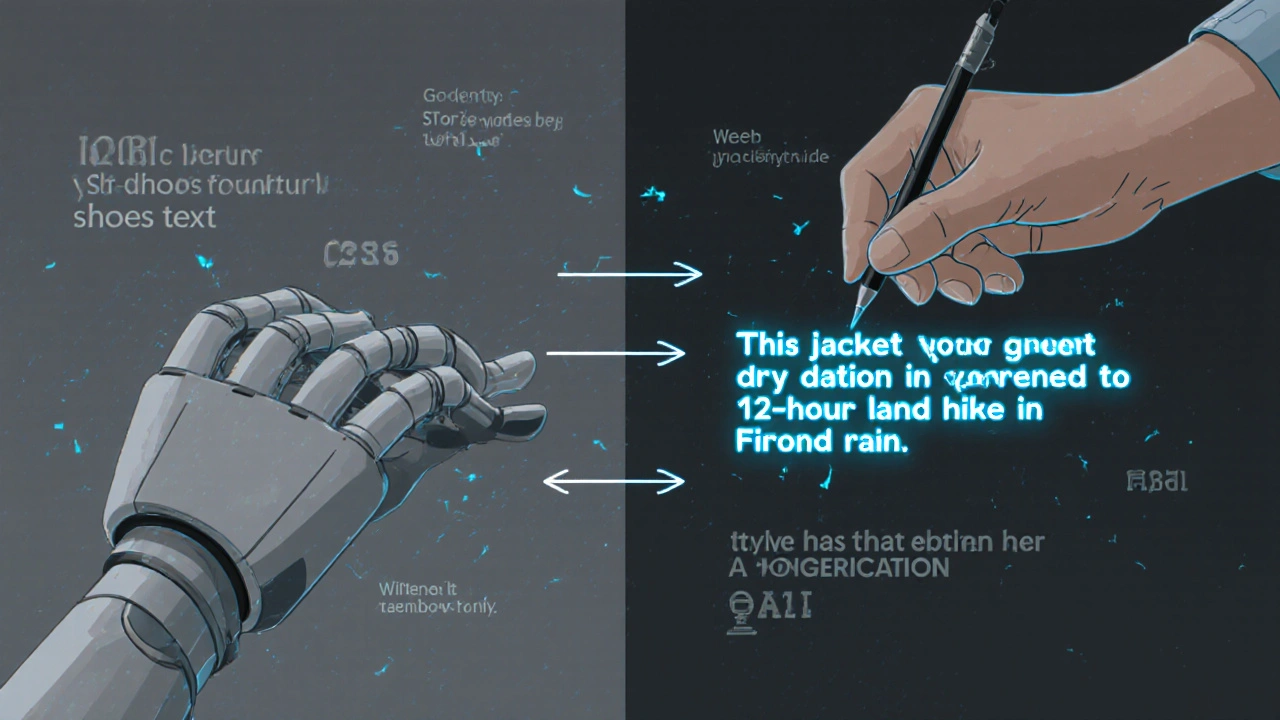 Human hand editing AI-generated text to add personal, authentic voice to SEO content.