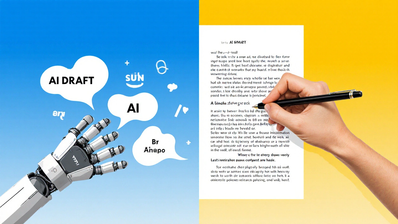 Human hand transforming robotic AI text into warm, personal writing.