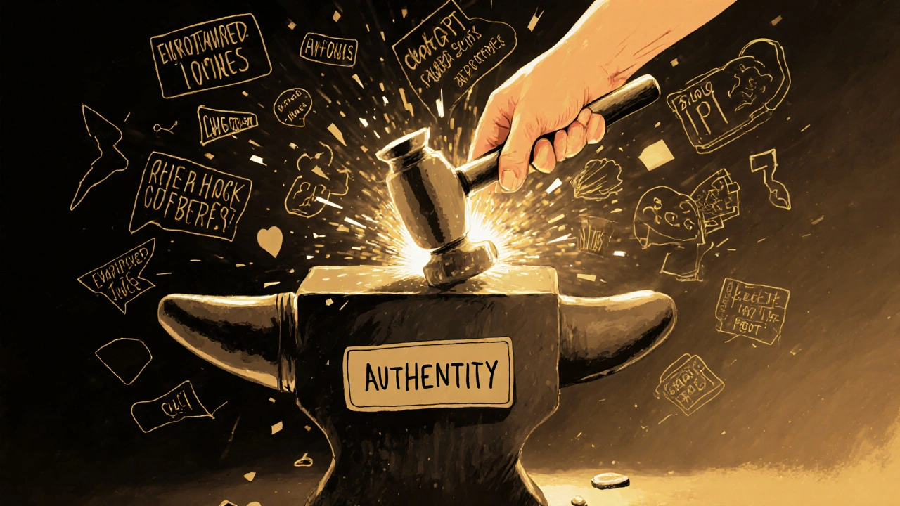 Human hand using a hammer to strike a robot, symbolizing authentic voice over AI-generated content.