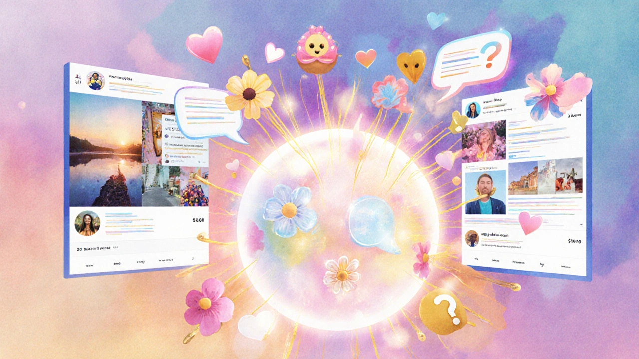 Instagram feed transforming with glowing captions and comment bubbles in watercolor style.