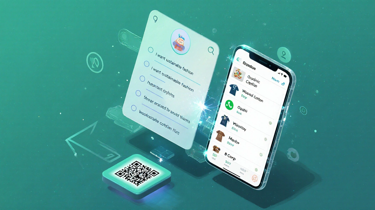 Interactive quiz suggesting sustainable fashion products with a QR code and WhatsApp message.