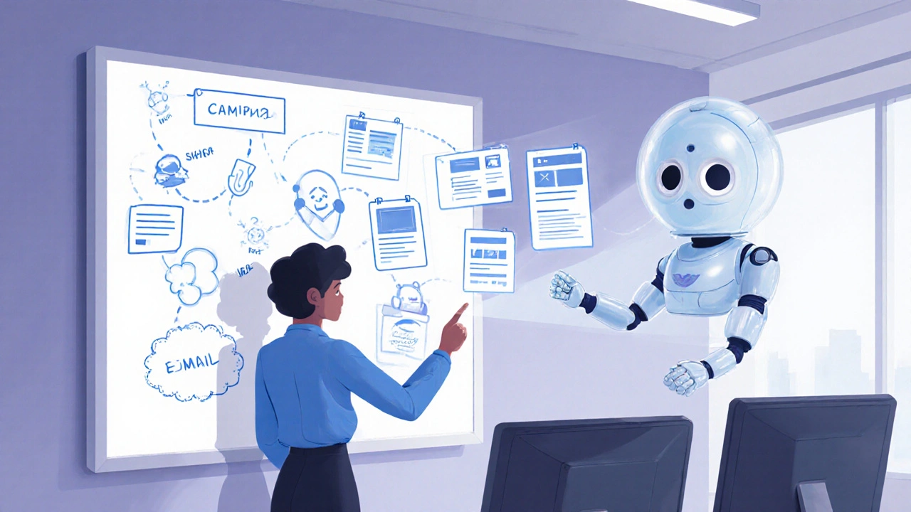 Marketer and AI avatar collaborating on campaign ideas in a bright UK office environment.