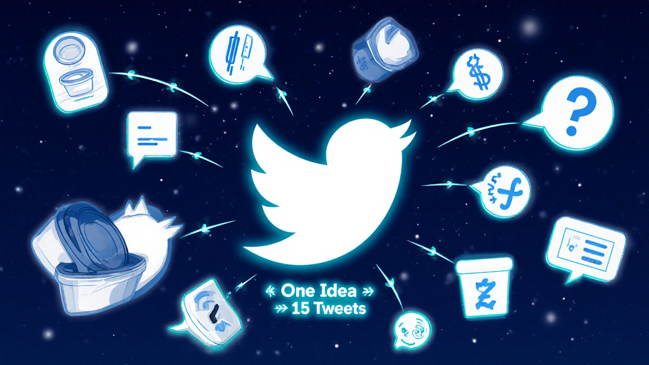 One Twitter post transforming into 15 varied tweet variations with humor, data, and emojis floating around it.