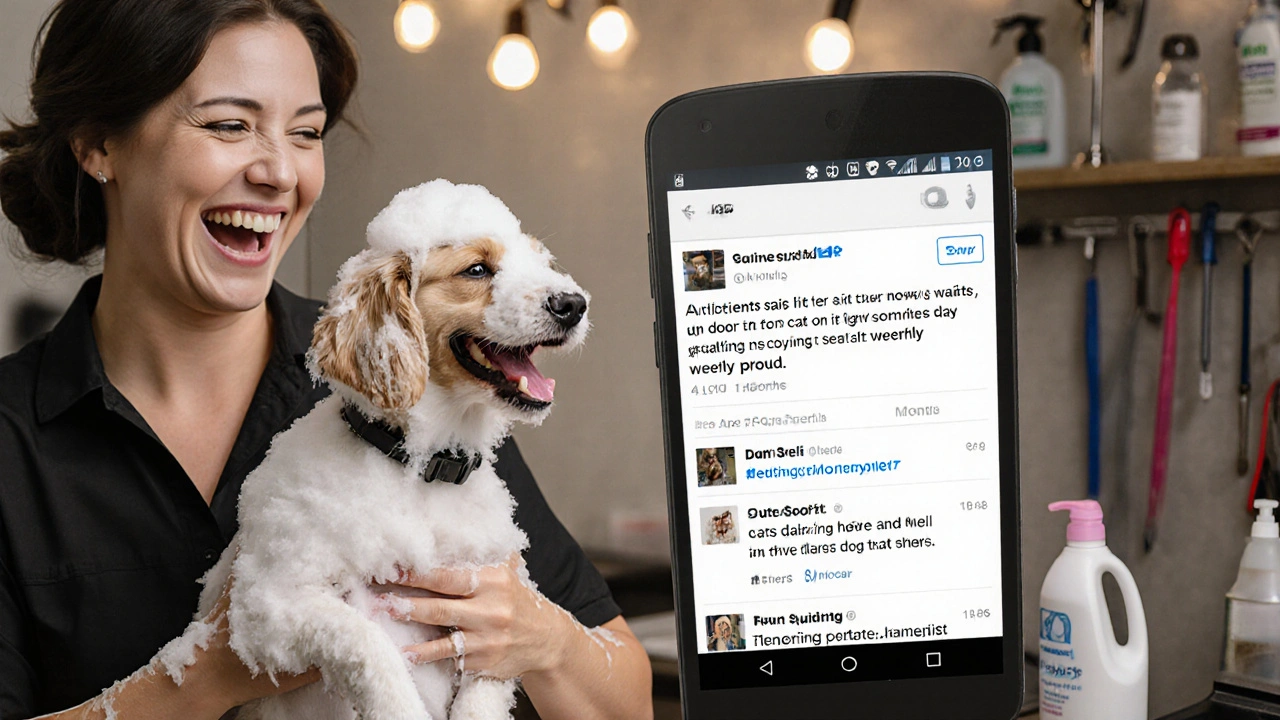 Pet groomer laughing with a soapy dog as a phone shows AI-generated post ideas about loyal cats and grooming days.