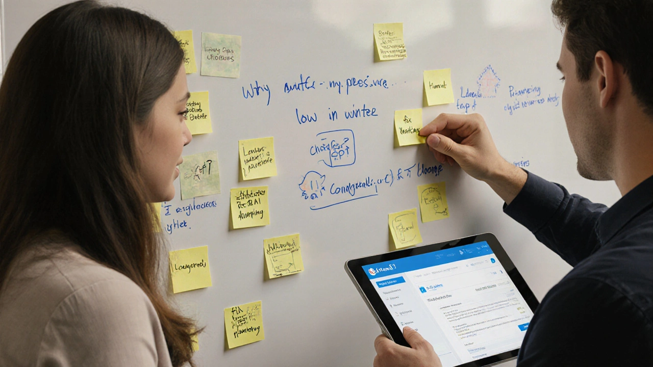 SEO team analyzing customer-derived keywords on a whiteboard, with ChatGPT tablet visible.