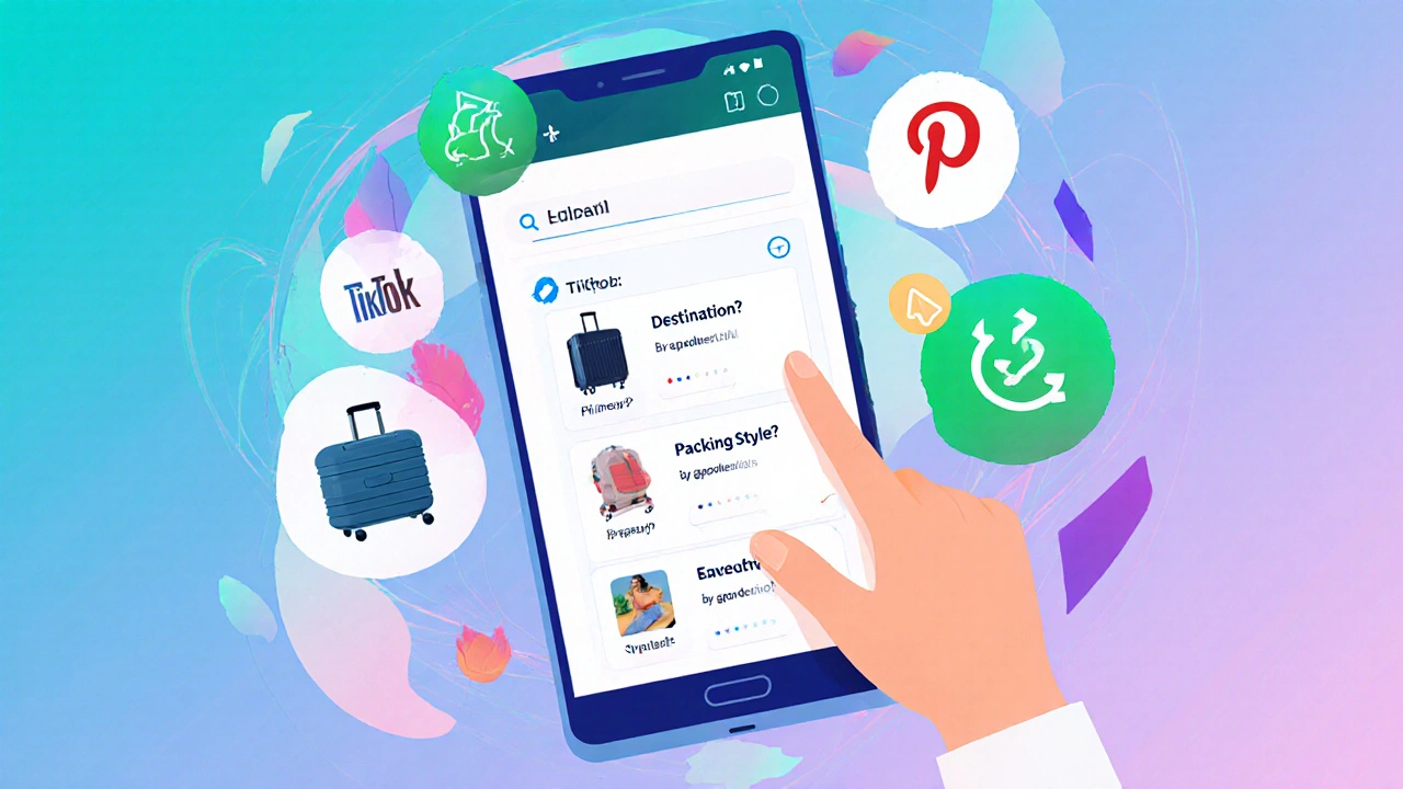 Smartphone displaying an interactive travel quiz with personalized product recommendations.