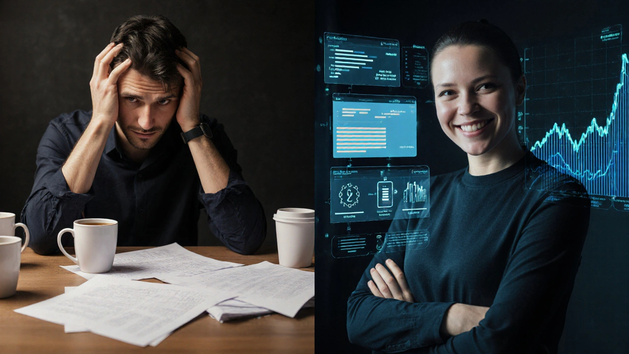 Split image: tired marketer vs. confident marketer with AI interface generating content, symbolizing human-AI collaboration.