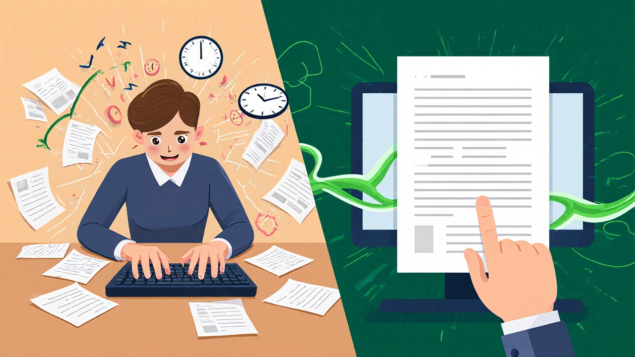 Split-screen image showing chaos versus calm in digital marketing, symbolizing AI-driven efficiency.