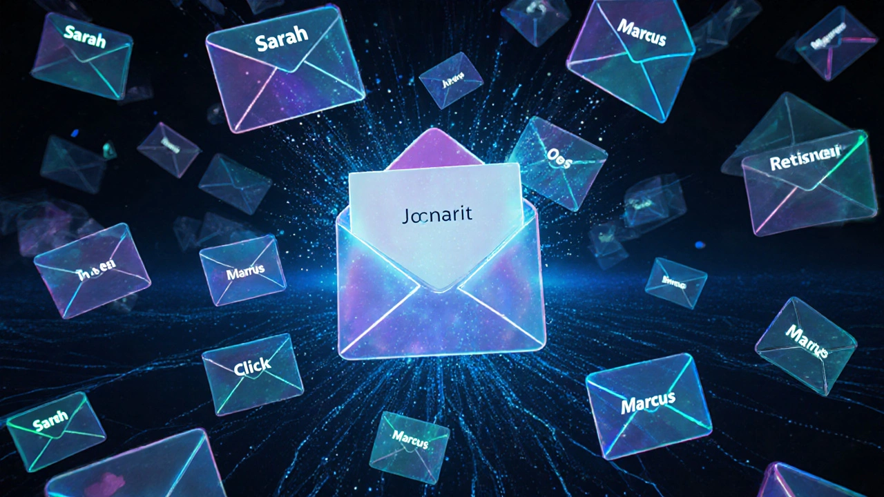 Thousands of personalized email envelopes glowing with unique messages, connected by a pulsing AI network in a dark space.