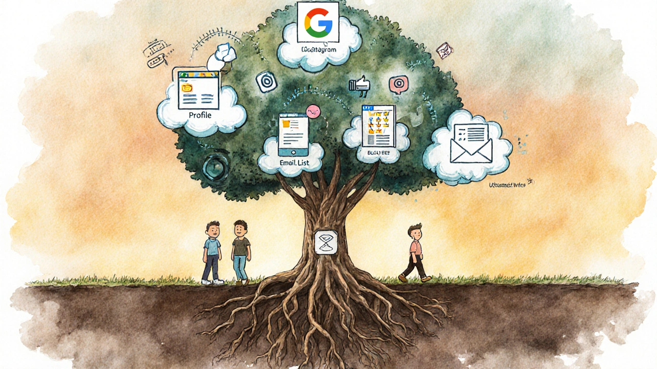 Tree with marketing pillars as roots, branches reaching into digital customer networks.