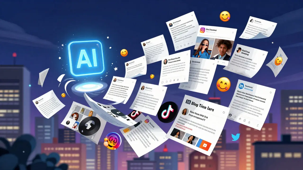 A blog post transforming into multiple social media posts with emojis and hashtags floating around an AI icon.