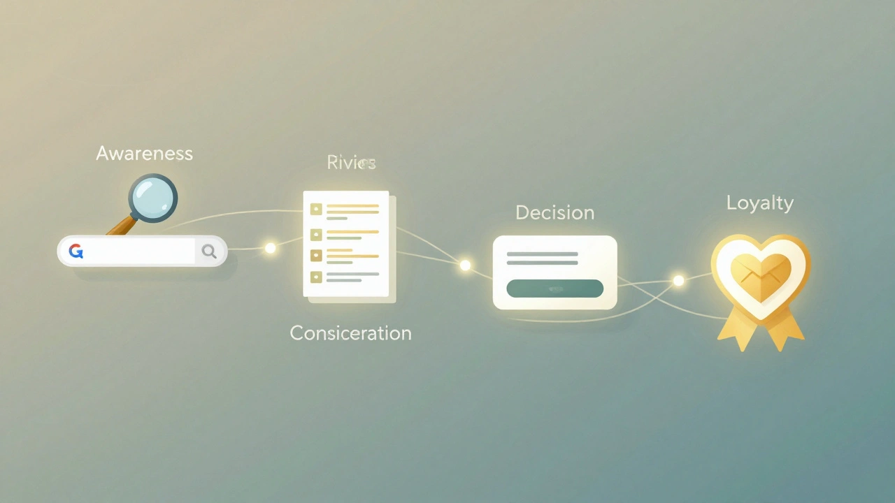 A glowing, interconnected pathway visualizing the four stages of the customer journey in digital marketing.
