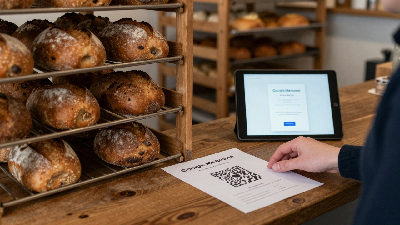 A Sheffield bakery with a tablet showing digital marketing metrics, emphasizing quiet, consistent customer engagement.