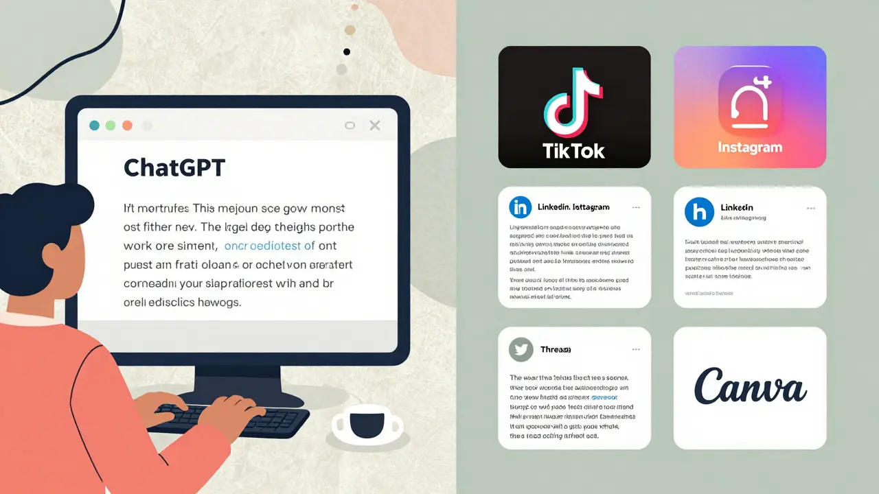 A split-screen showing AI content being transformed into five social media formats: Reel, carousel, article, thread, and graphic.