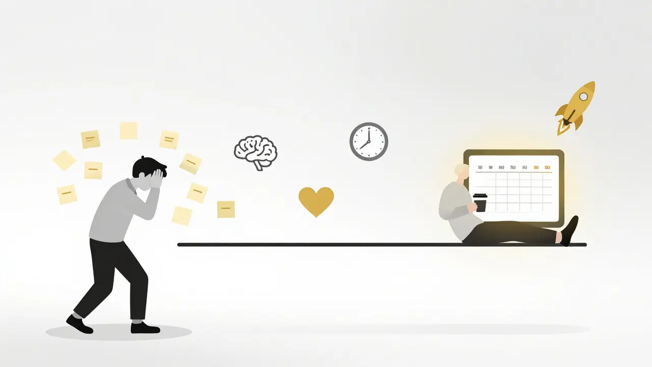 A visual journey from stress to calm, showing a business owner with chaotic notes transforming into a clean content calendar.