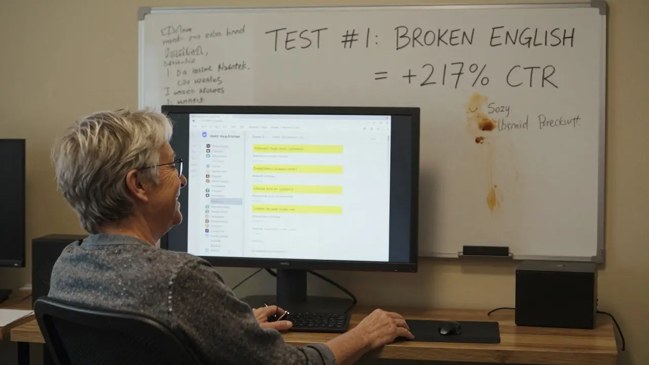 Copywriter reviewing 30 AI-generated ad options on a monitor, with a whiteboard showing high-performing test results.