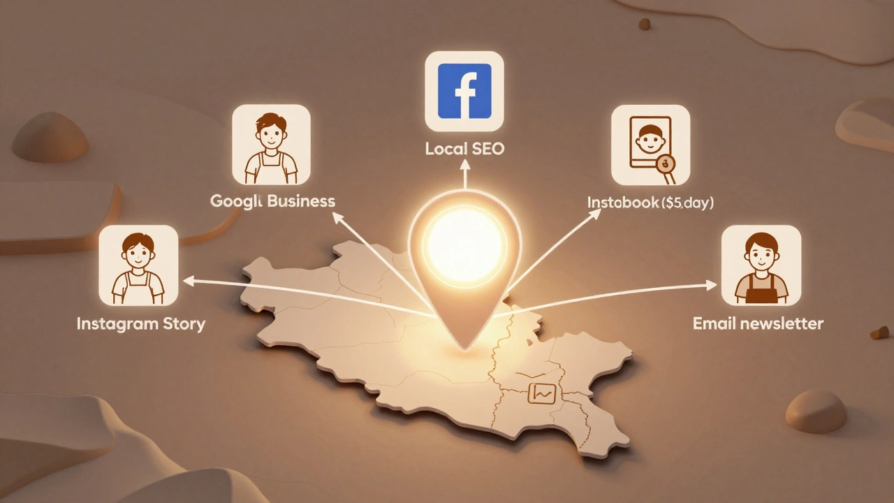 Digital map pin with five marketing threads connecting to happy local customers