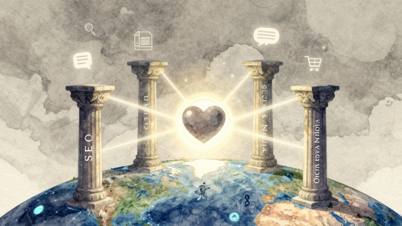 Four digital marketing pillars connected by glowing light, forming a heart-shaped symbol of trust.