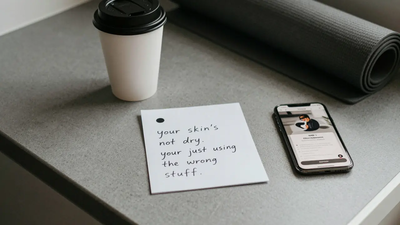 Handwritten ad text with a typo on a kitchen counter beside a smartphone showing a viral TikTok ad.