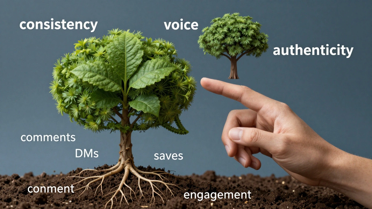 Human hand guiding an AI speech bubble shaped like a plant growing from engagement roots.