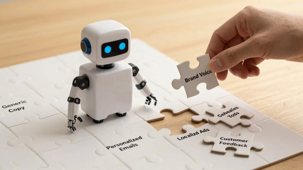 Human hand placing brand voice puzzle piece into AI robot puzzle as generic copy pieces fall away.