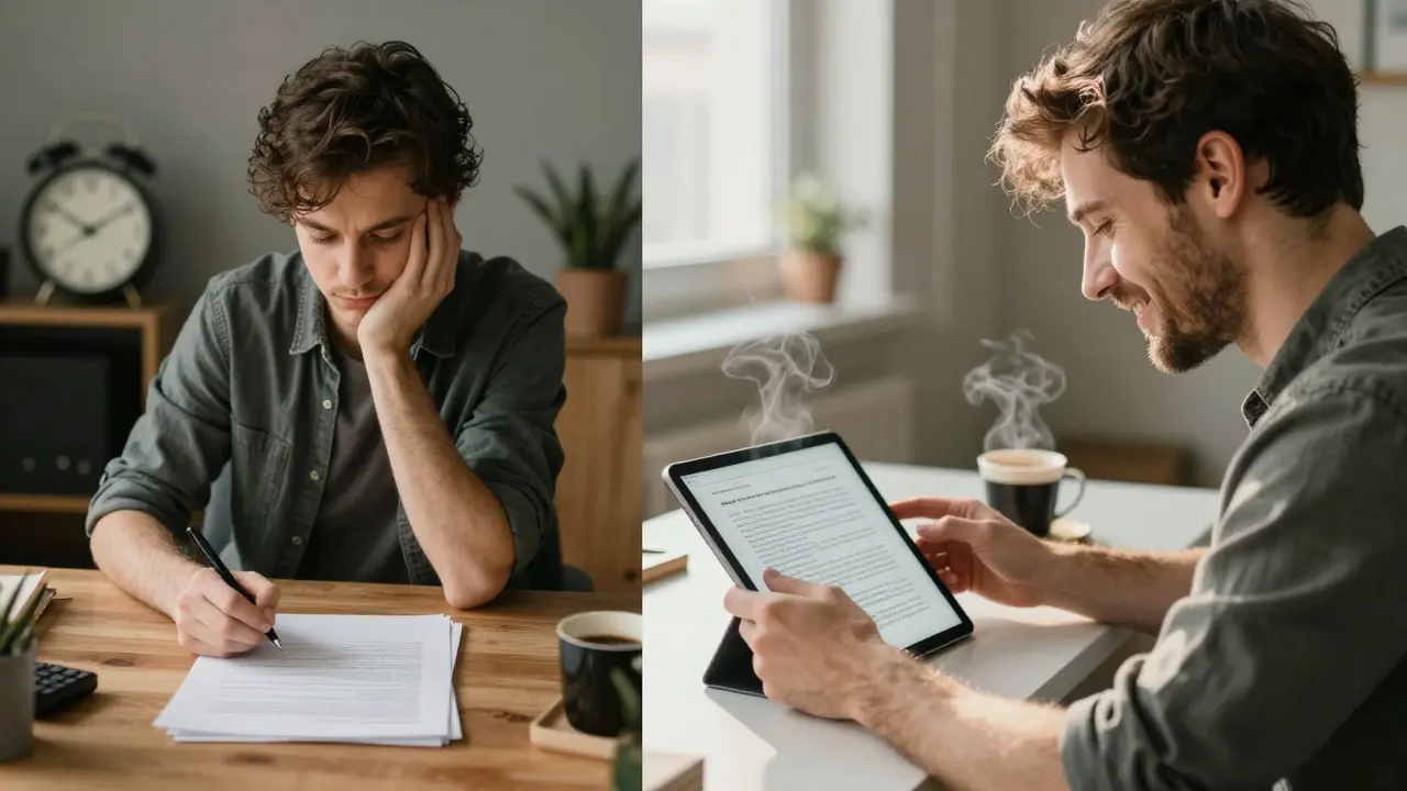 Split image: writer stressed at blank screen vs. relaxed reviewing AI draft in morning light.