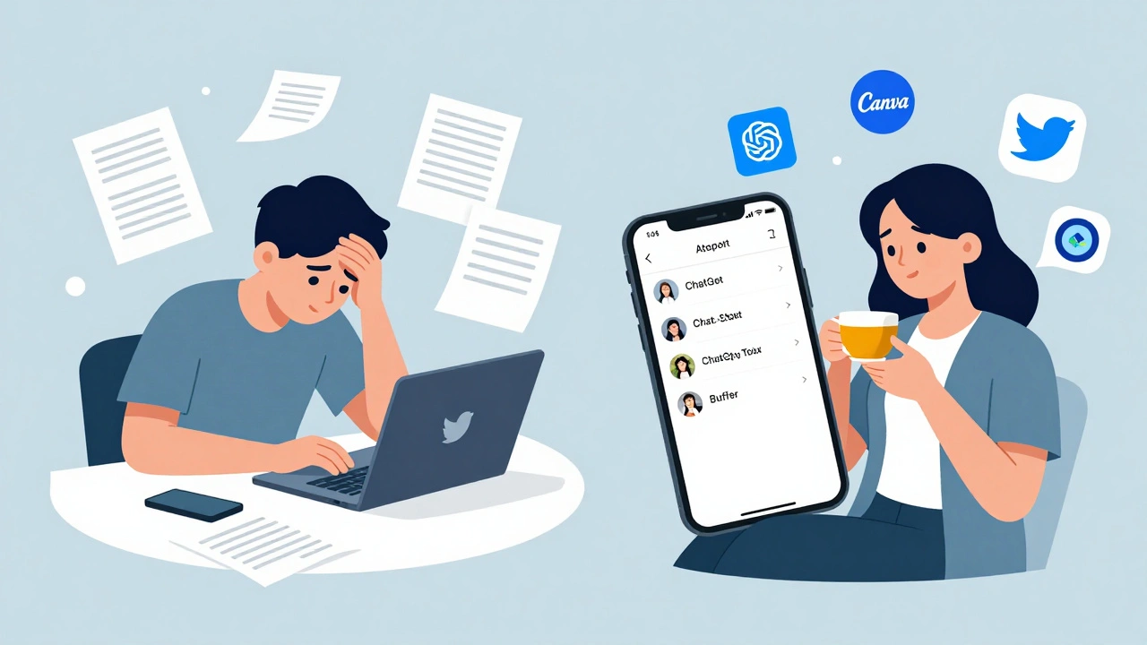 Split-screen showing stress vs. calm social media management with AI tools.