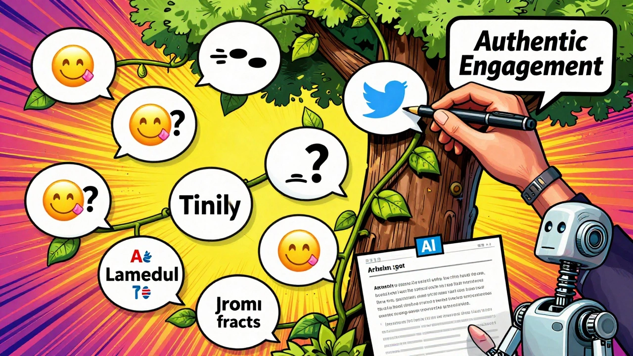 Twitter thread as a growing vine with emojis, edited by hand beside AI drafts.