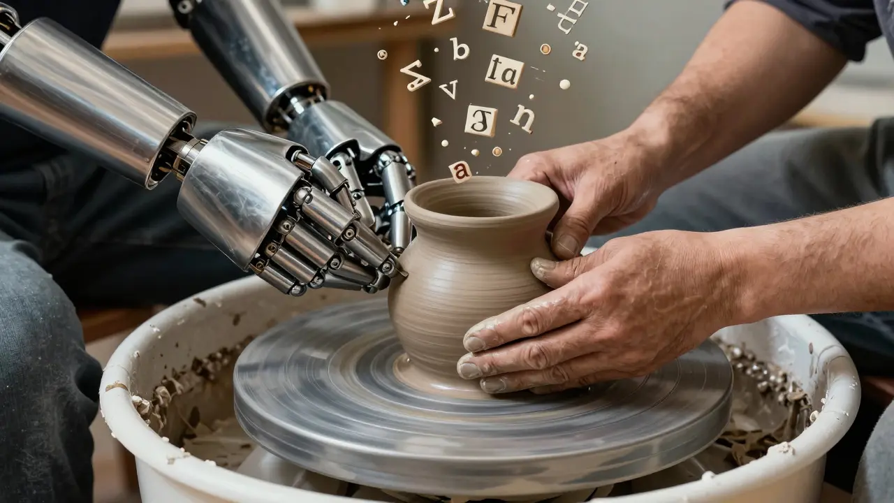 Two hands shaping clay on a wheel—one mechanical, one human—with floating words around them.